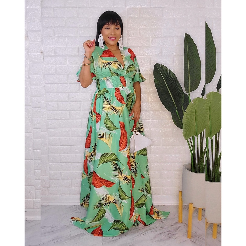 Green Tropical Print Short Sleeve Floral Maxi Dress